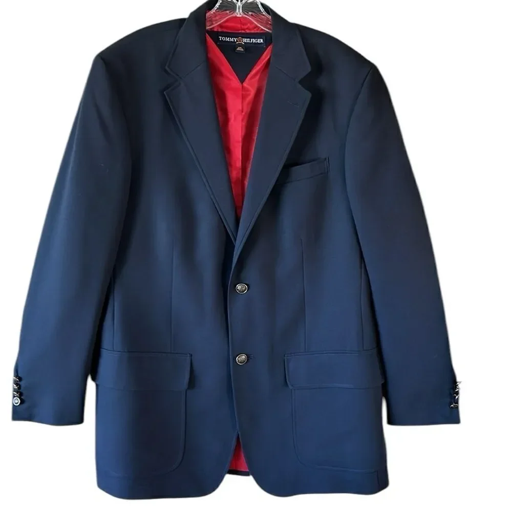 Tommy Hilfiger Mens Navy Blue Center Vent 2 Button Blazer